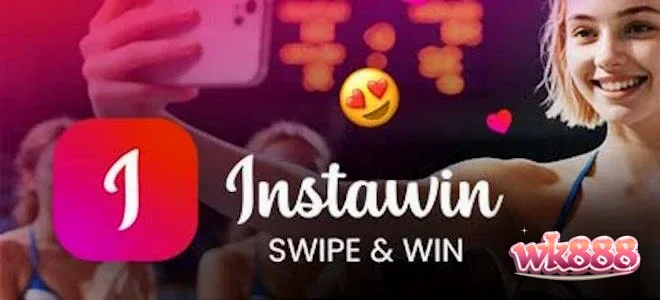 Tampilan antarmuka permainan Instawin dengan mekanisme swipe kartu pos.
